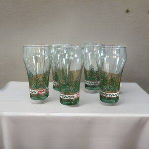 Set of 5 Libby Coca Cola Winter Holiday Pine Tree Drinking Glasses Vintage 16 Oz
